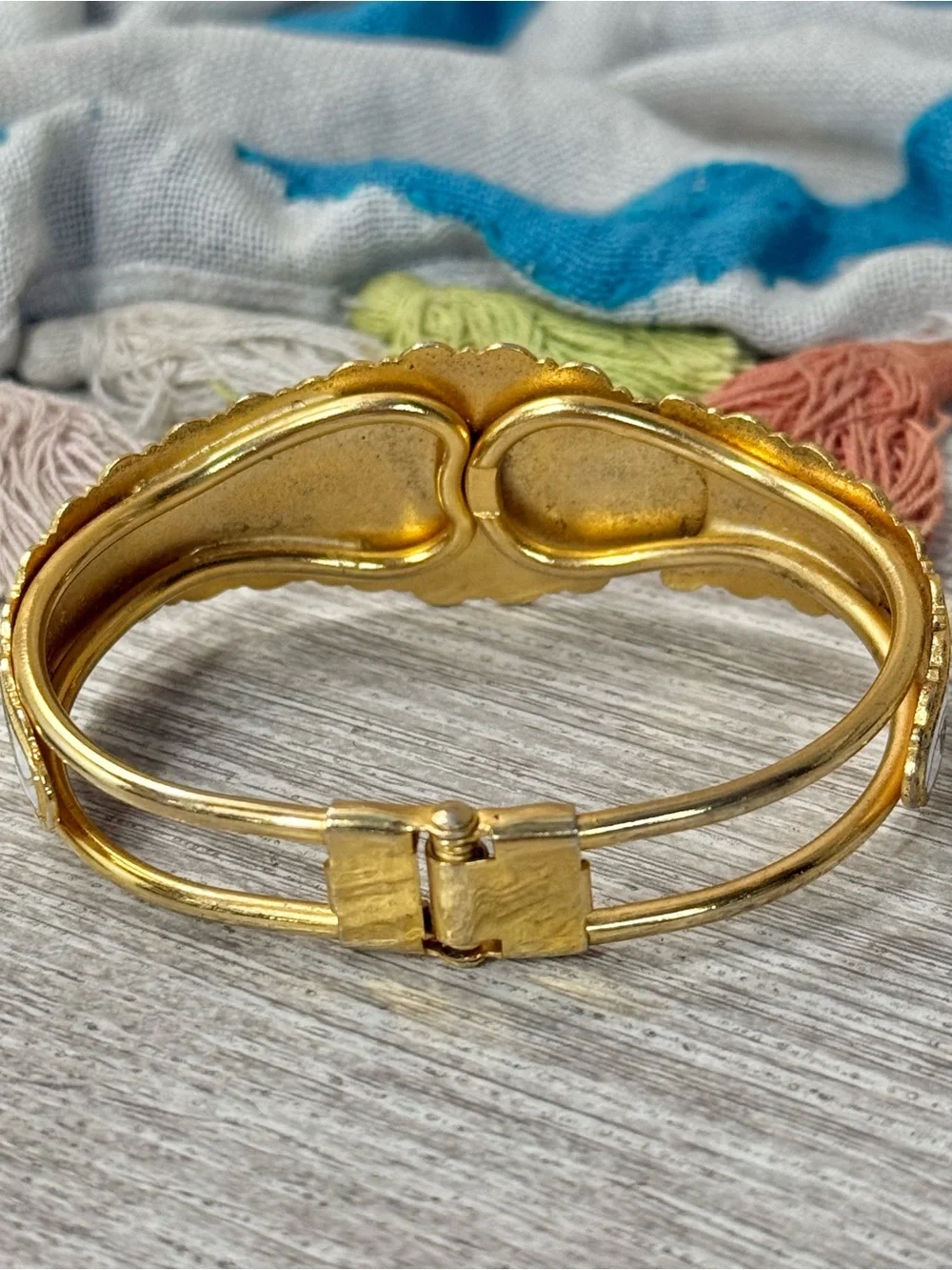 Vintage Cloisonné Floral Butterfly Floral Hinged Bangle Bracelet